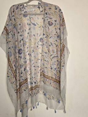 Boho Sheer Woven Heart Ivory Floral Kimono Tassels Top with Pastel Accents OSFM